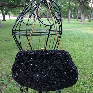 Vintage StyleCraft Black Beaded Sequined Kisslock Clutch Purse